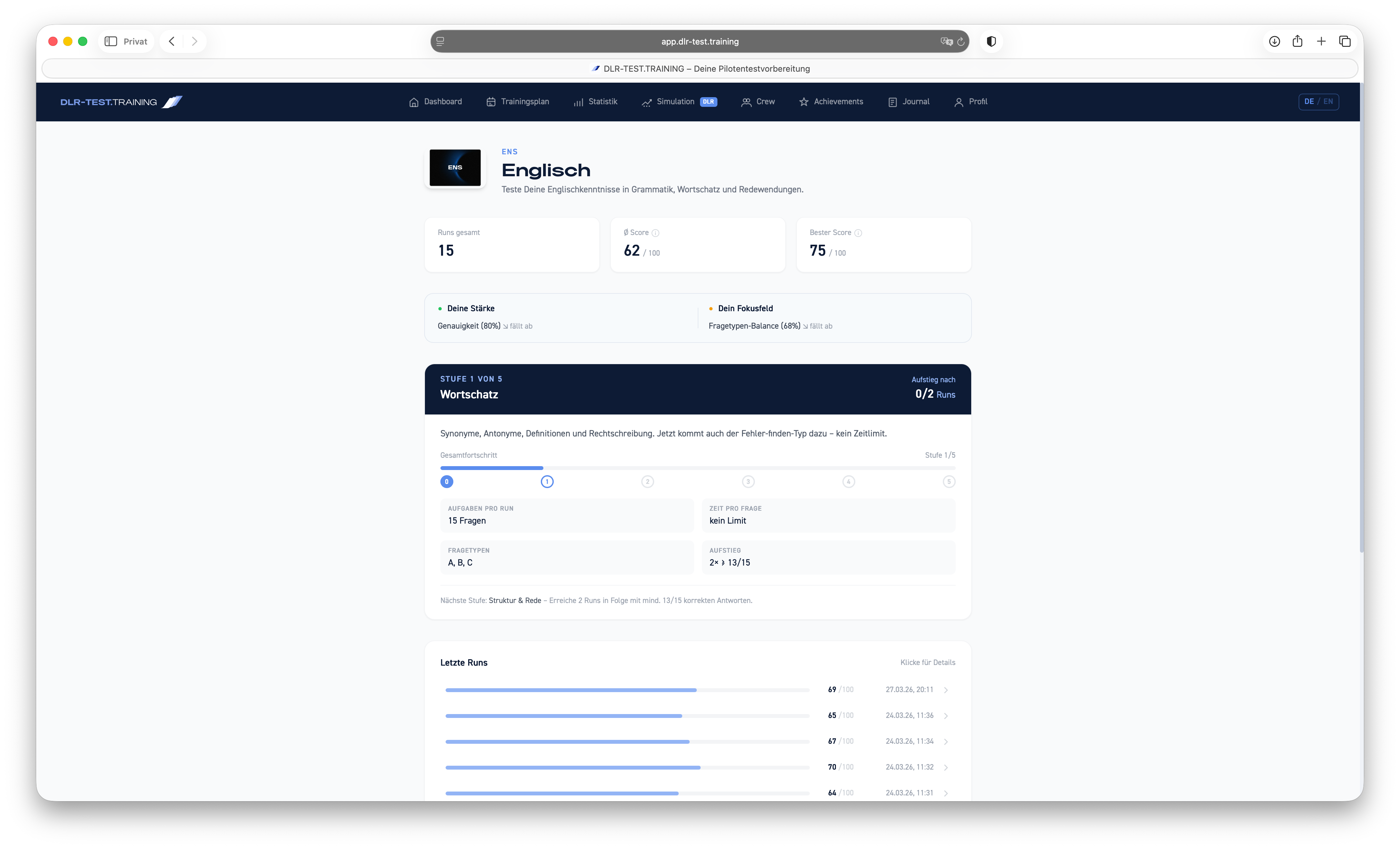 Englischtest (ENS) im DLR-Test — Screenshot der Trainingsaufgabe — Übersicht