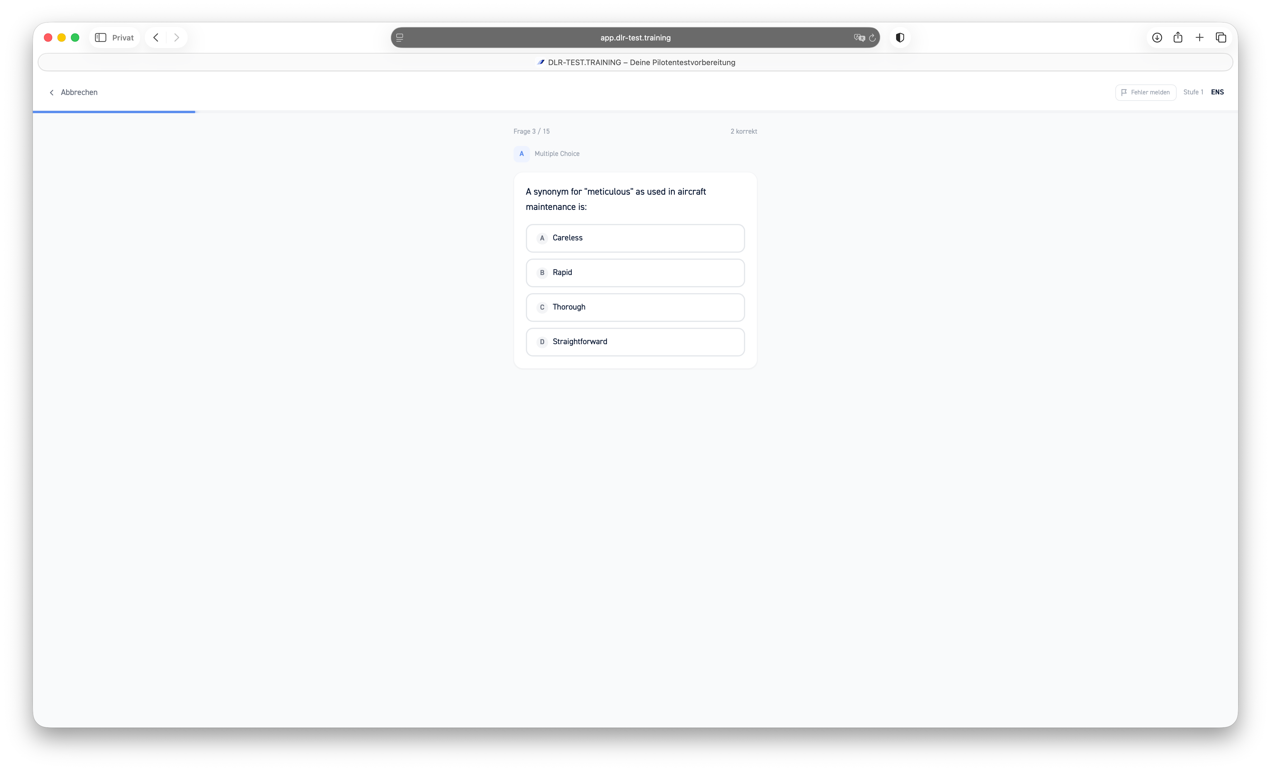 Englischtest (ENS) im DLR-Test — Screenshot der Trainingsaufgabe — Aufgabenansicht