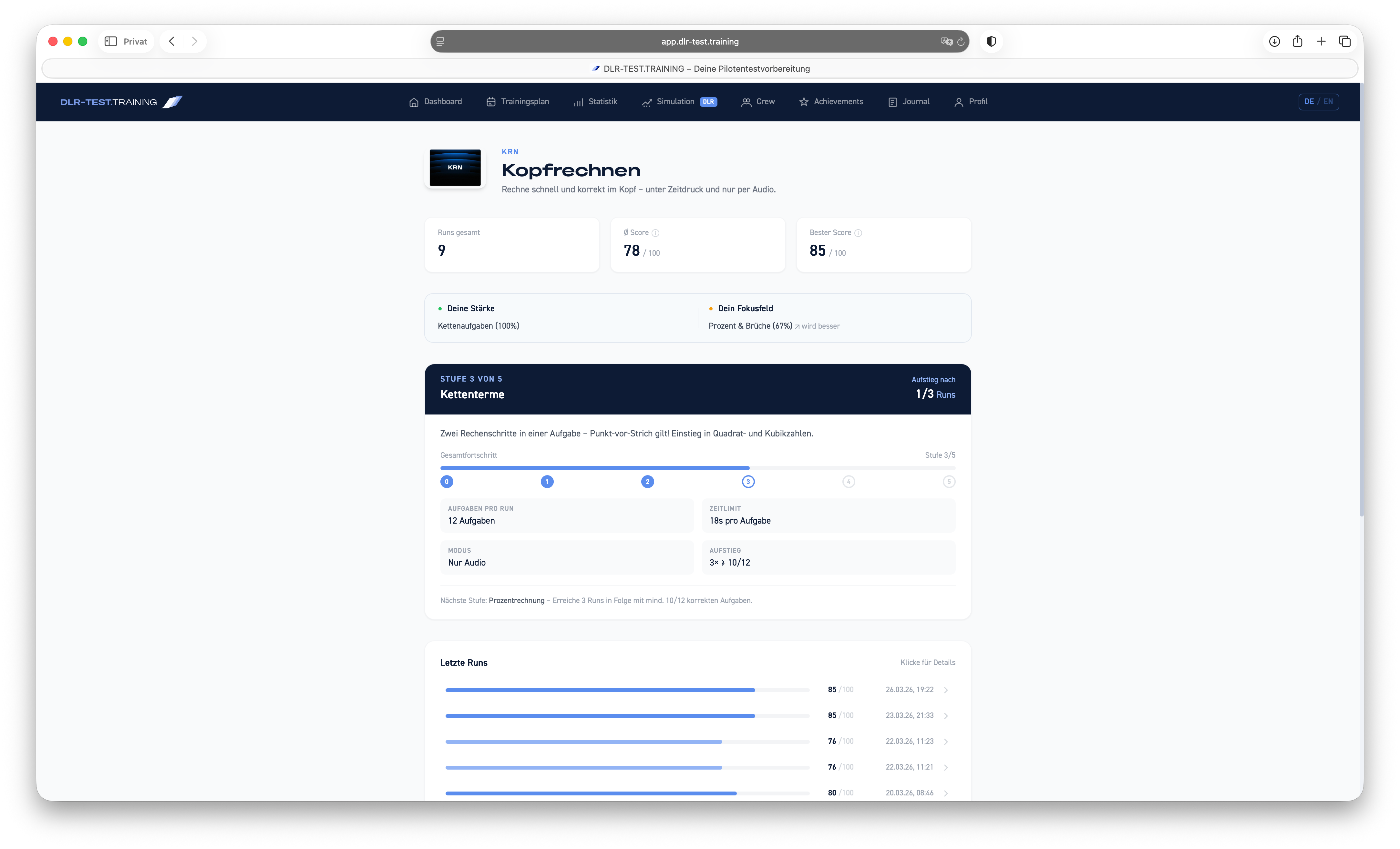Kopfrechnen (KRN) im DLR-Test — Screenshot der Trainingsaufgabe — Übersicht