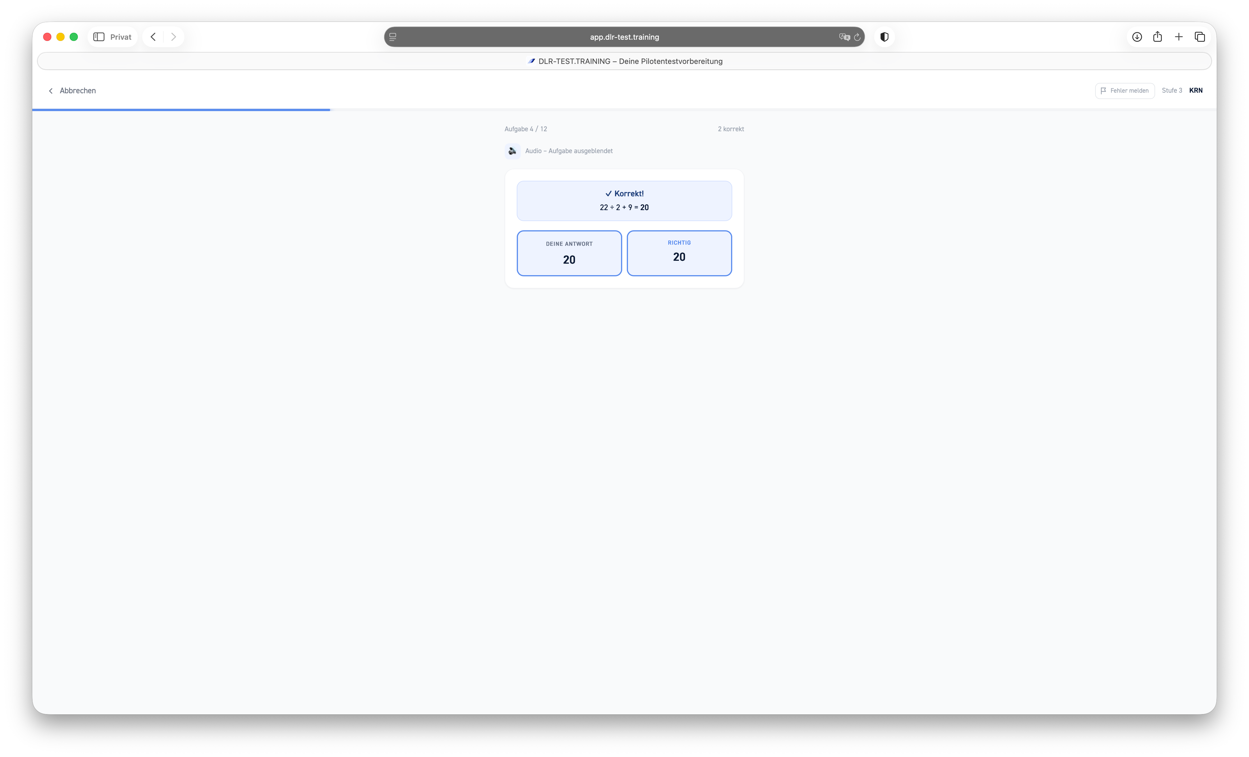 Kopfrechnen (KRN) im DLR-Test — Screenshot der Trainingsaufgabe — Aufgabenansicht