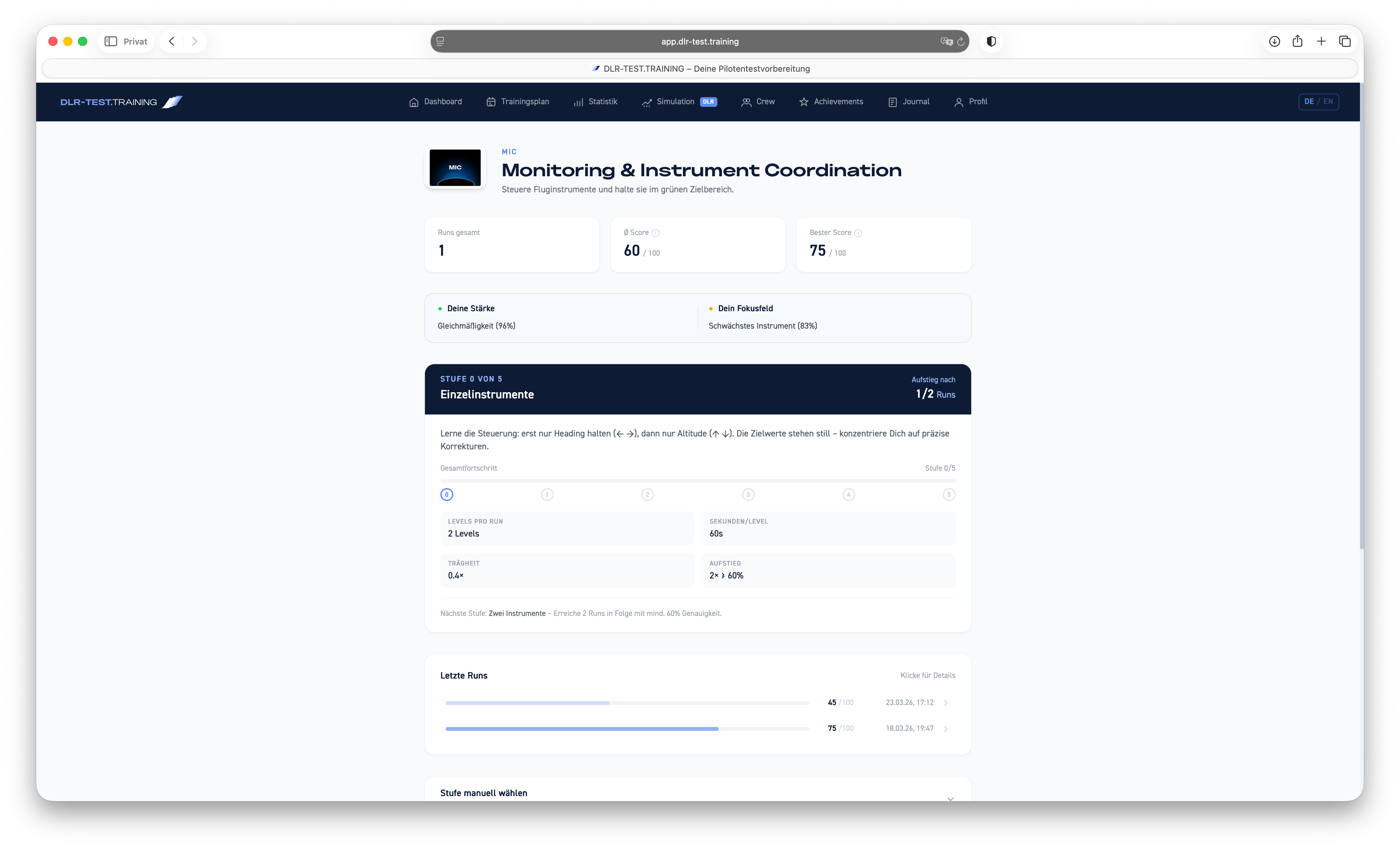 Monitoring und Instrumentenkoordination (MIC) im DLR-Test — Screenshot der Trainingsaufgabe — Übersicht