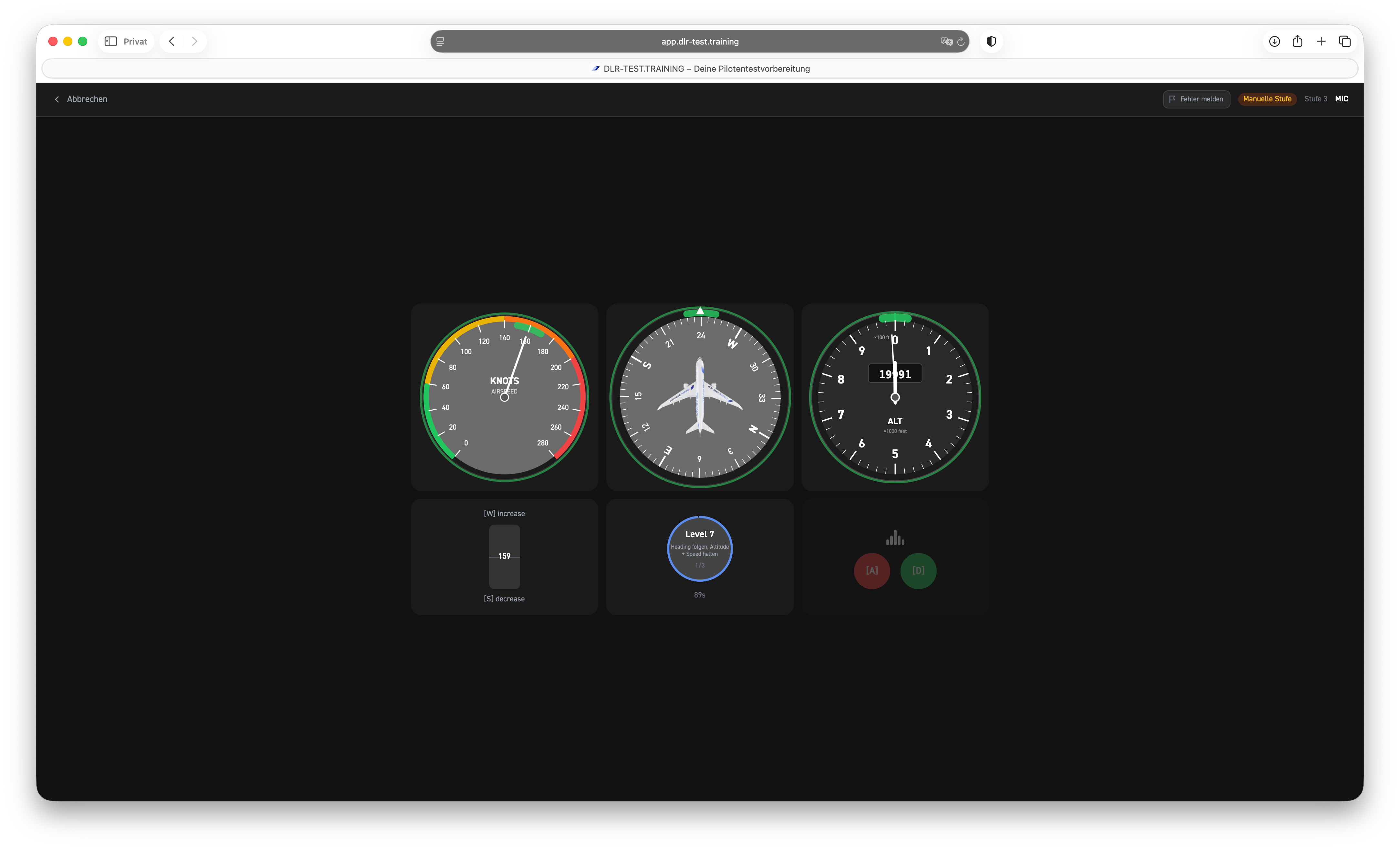 Monitoring und Instrumentenkoordination (MIC) im DLR-Test — Screenshot der Trainingsaufgabe — Aufgabenansicht