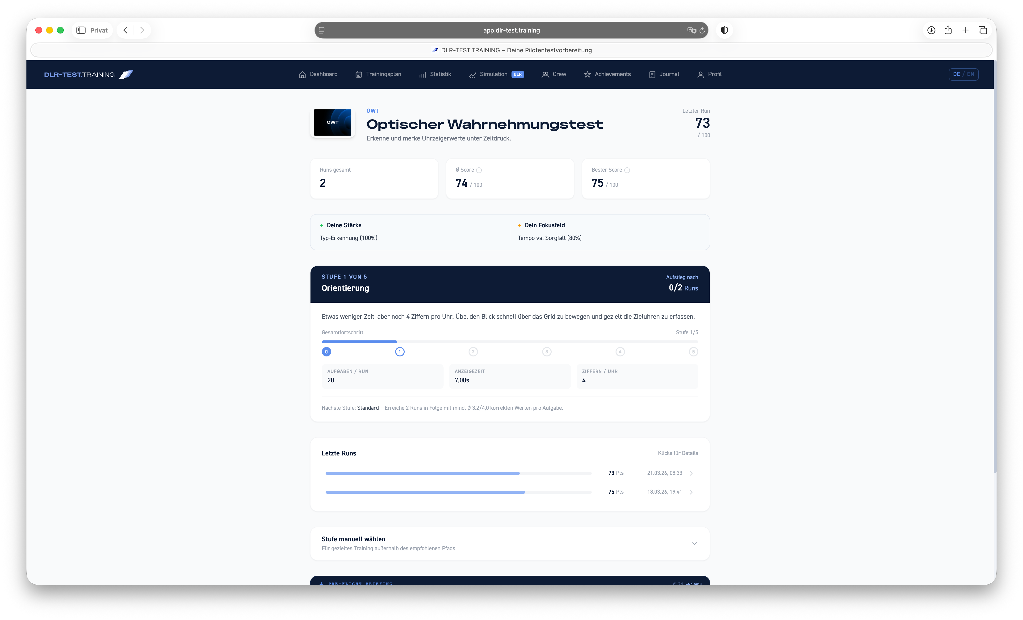 Optischer Wahrnehmungstest (OWT) im DLR-Test — Screenshot der Trainingsaufgabe — Übersicht