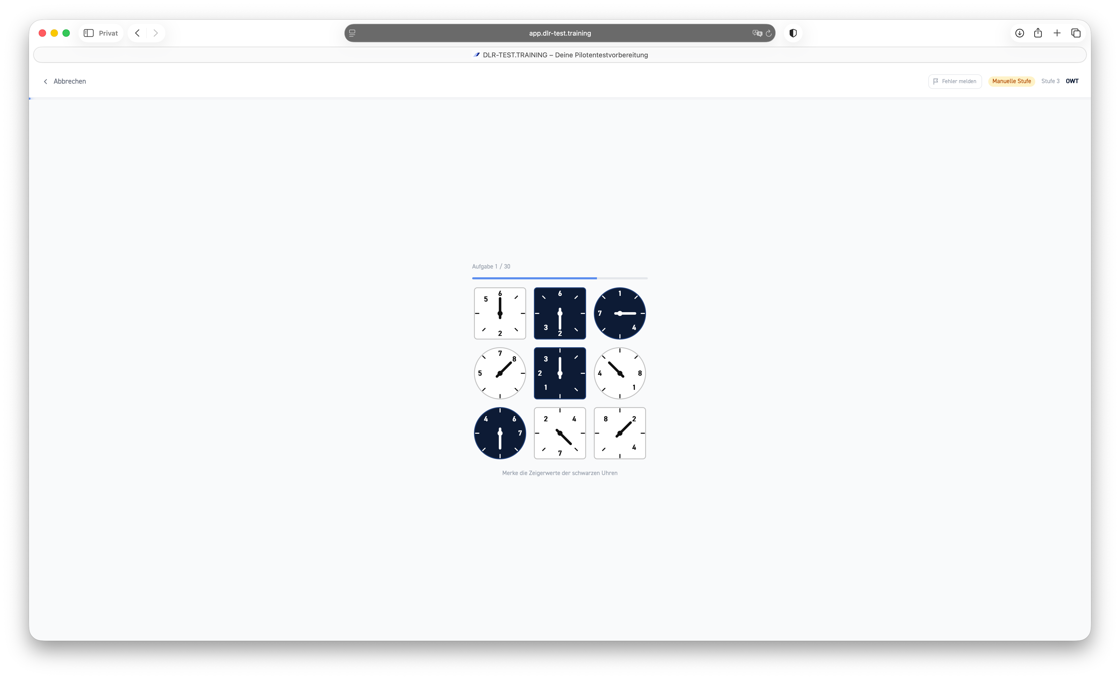 Optischer Wahrnehmungstest (OWT) im DLR-Test — Screenshot der Trainingsaufgabe — Aufgabenansicht