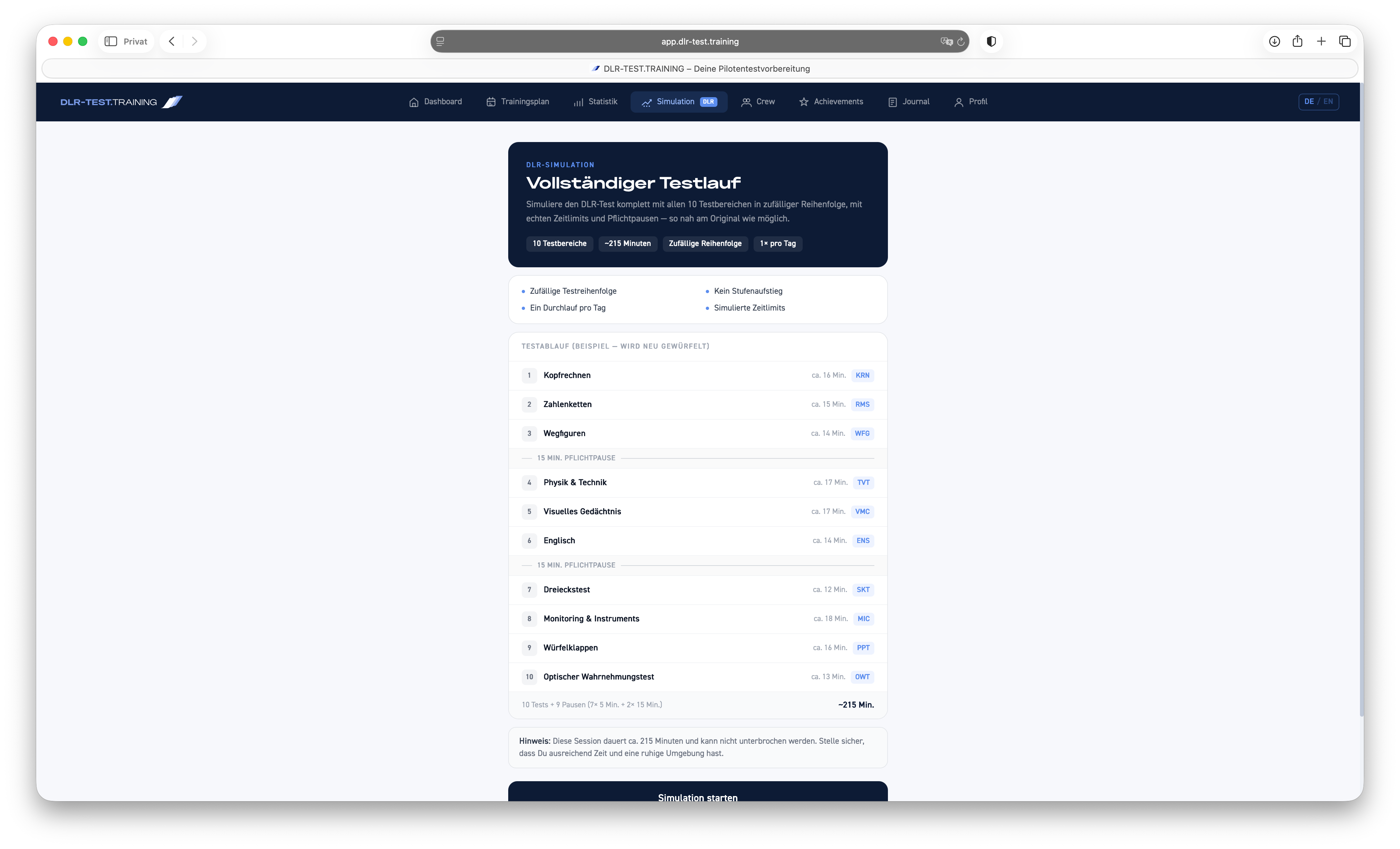 DLR-Test Simulation — Realistische Prüfungssimulation bei DLR-TEST.TRAINING