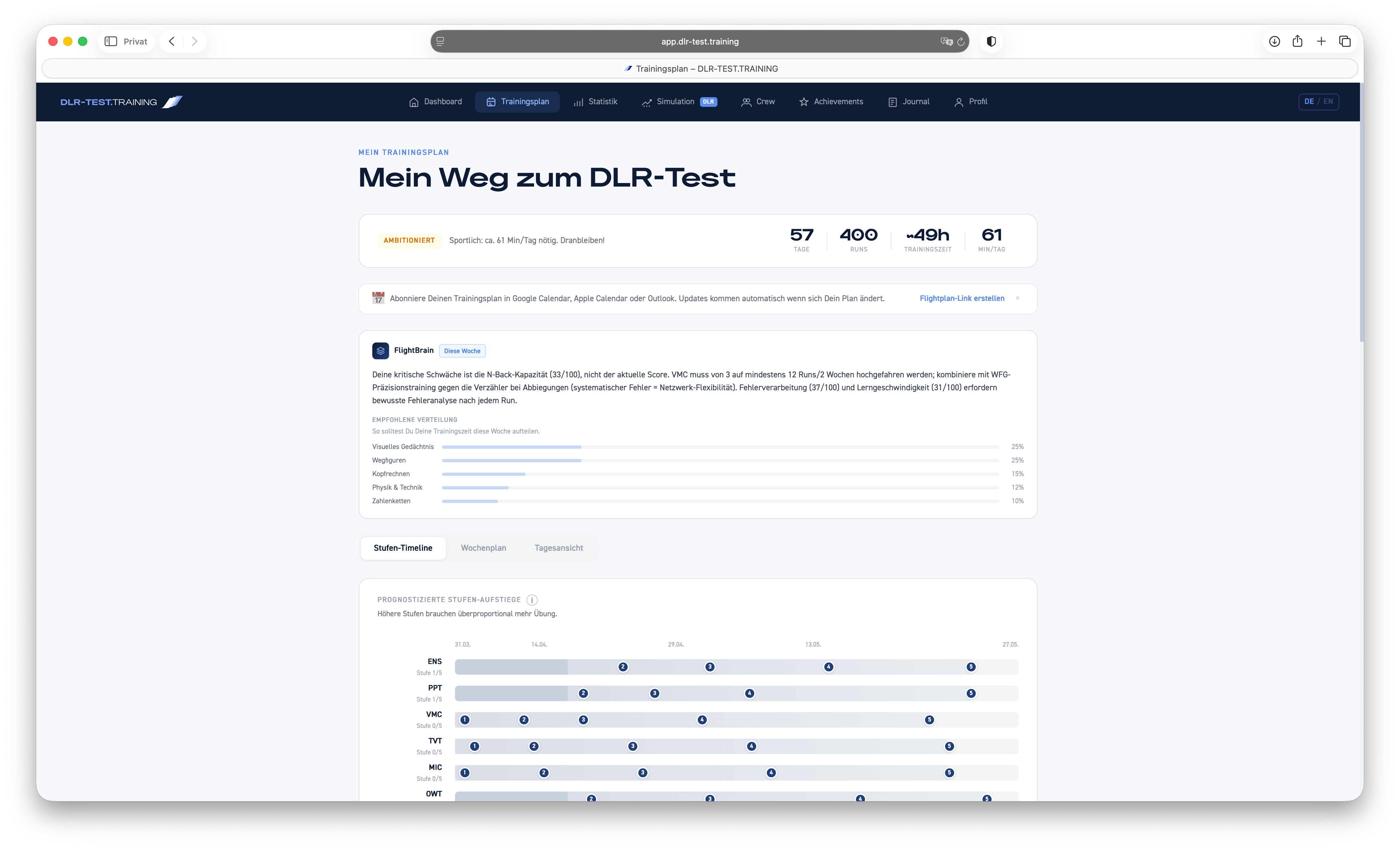 DLR-TEST.TRAINING Trainingsplan — Adaptiver Lernplan bis zum DLR-Testtermin