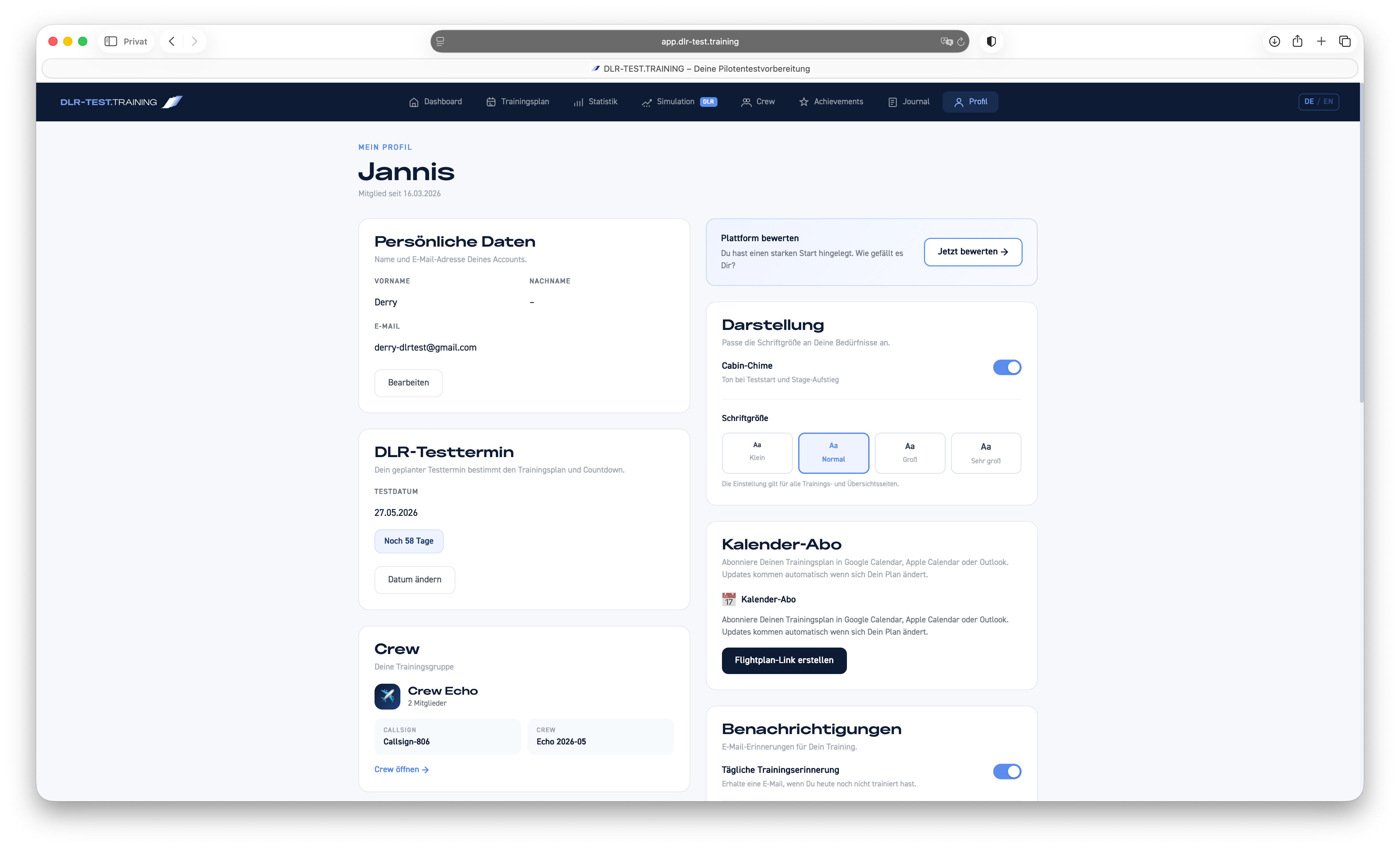 DLR-TEST.TRAINING Profil — Persönliche Trainingsübersicht und Einstellungen