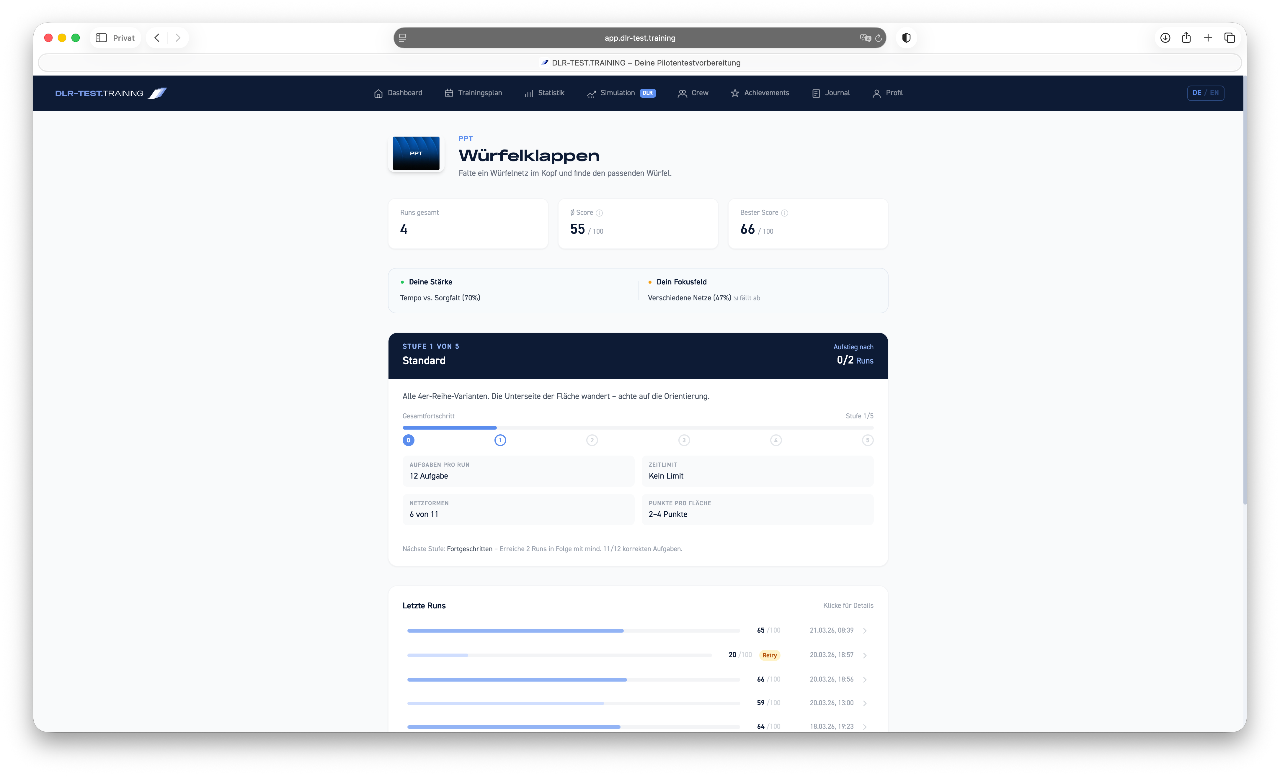 Würfelklappentest (PPT) im DLR-Test — Screenshot der Trainingsaufgabe — Übersicht