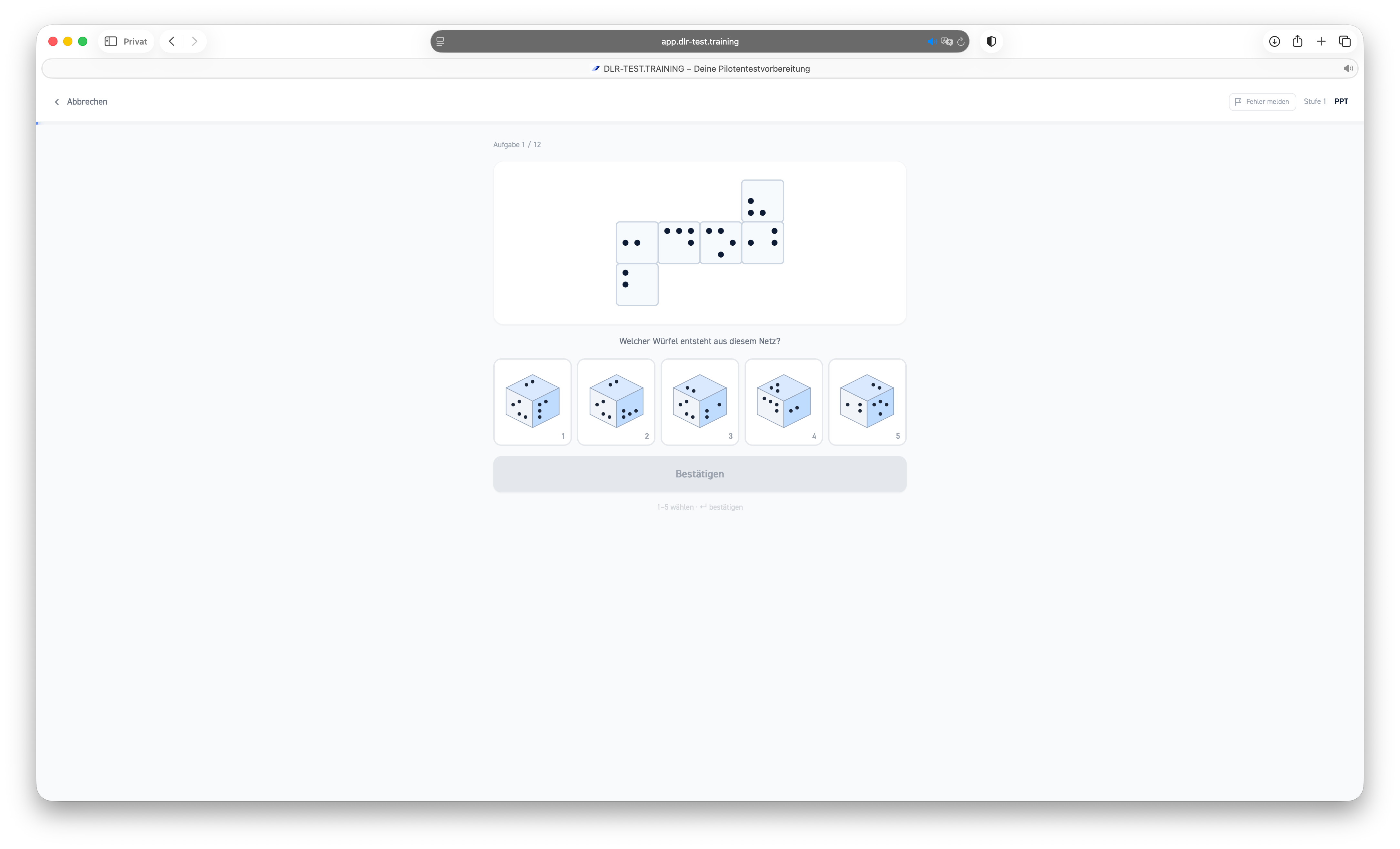 Würfelklappentest (PPT) im DLR-Test — Screenshot der Trainingsaufgabe — Aufgabenansicht