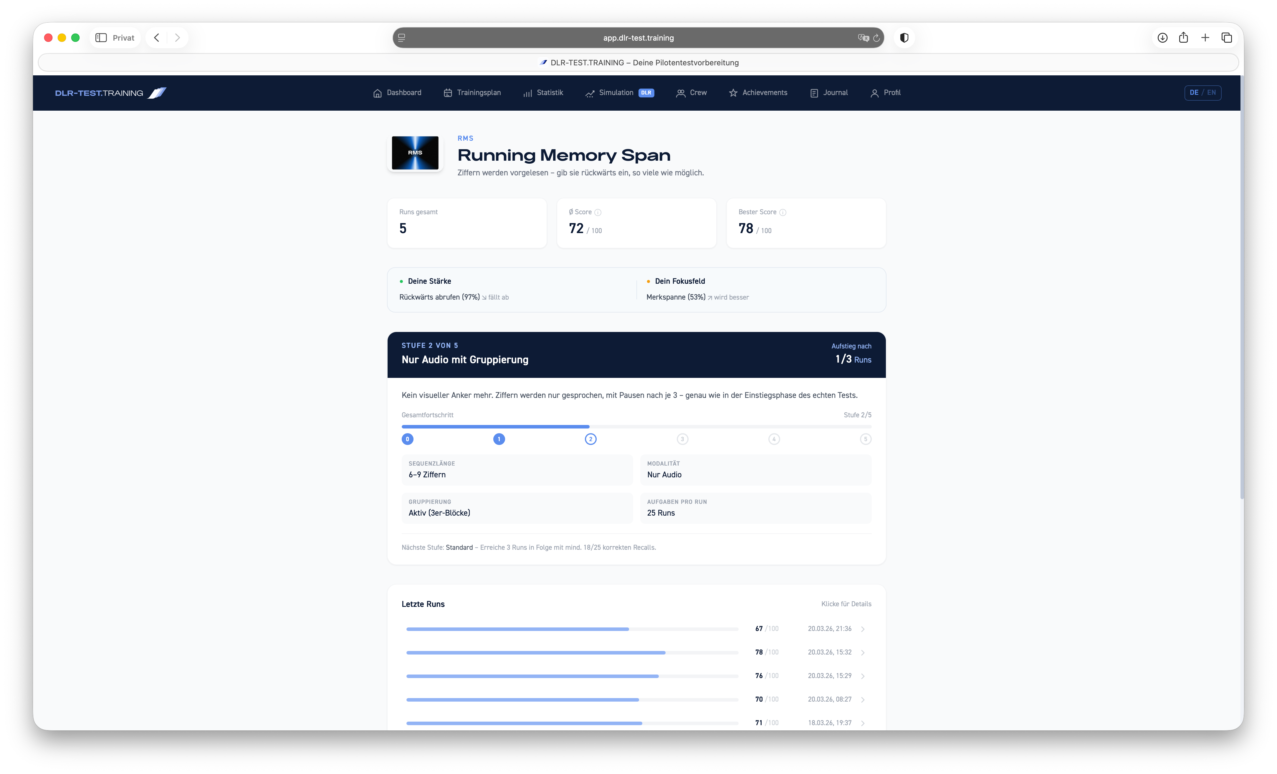 Running Memory Span (RMS) im DLR-Test — Screenshot der Trainingsaufgabe — Übersicht