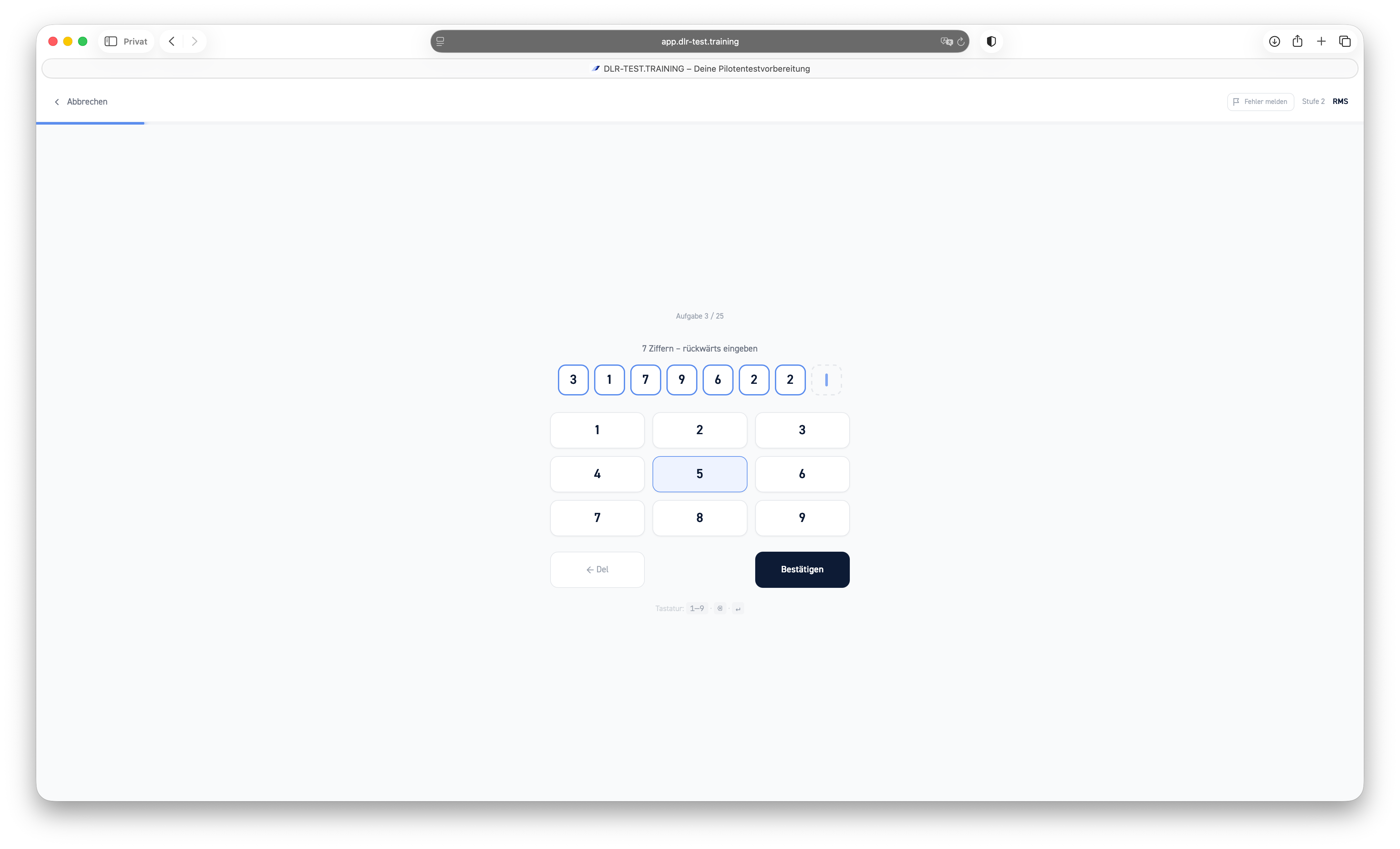 Running Memory Span (RMS) im DLR-Test — Screenshot der Trainingsaufgabe — Aufgabenansicht