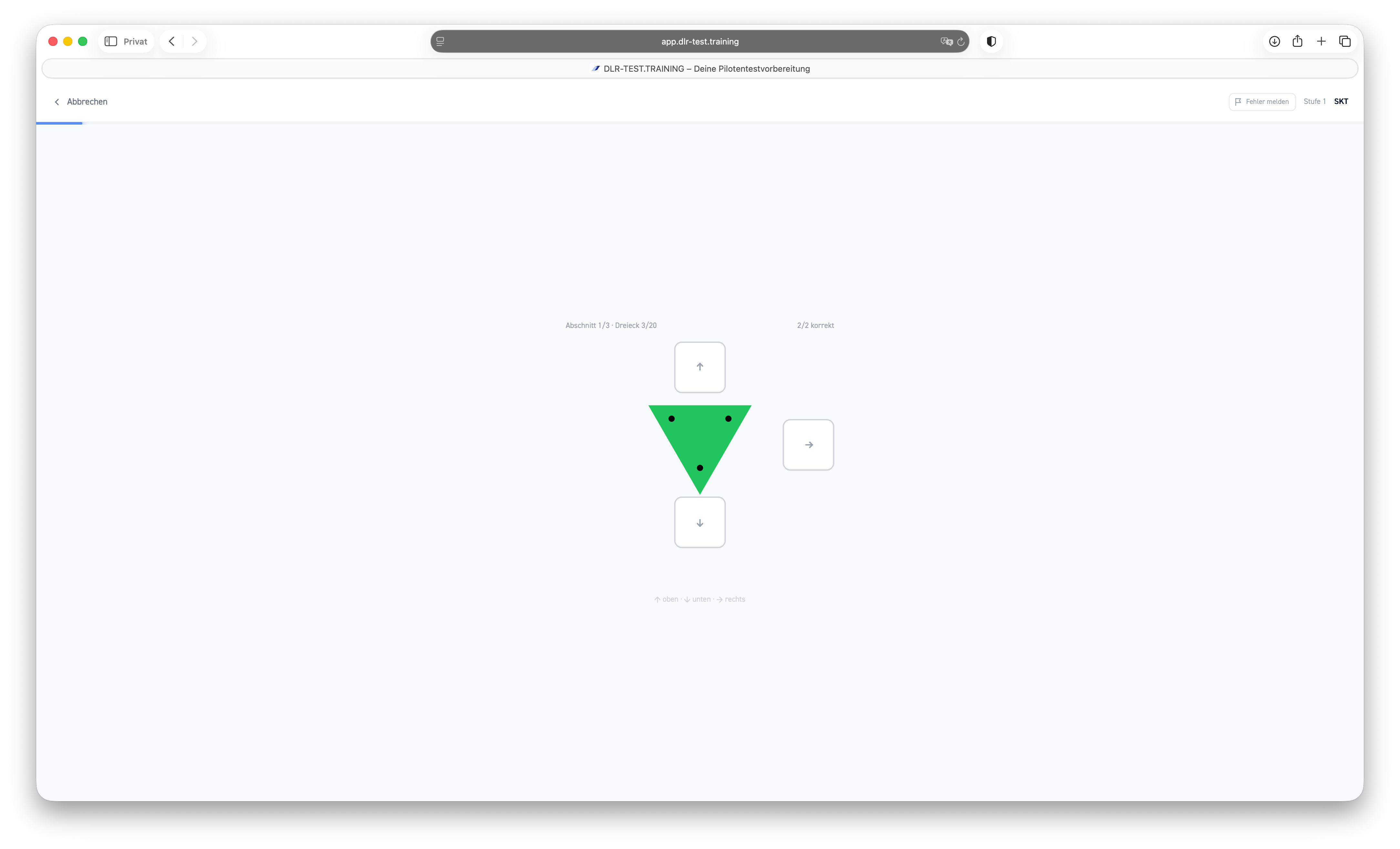 Dreieckstest (SKT) im DLR-Test — Screenshot der Trainingsaufgabe — Aufgabenansicht