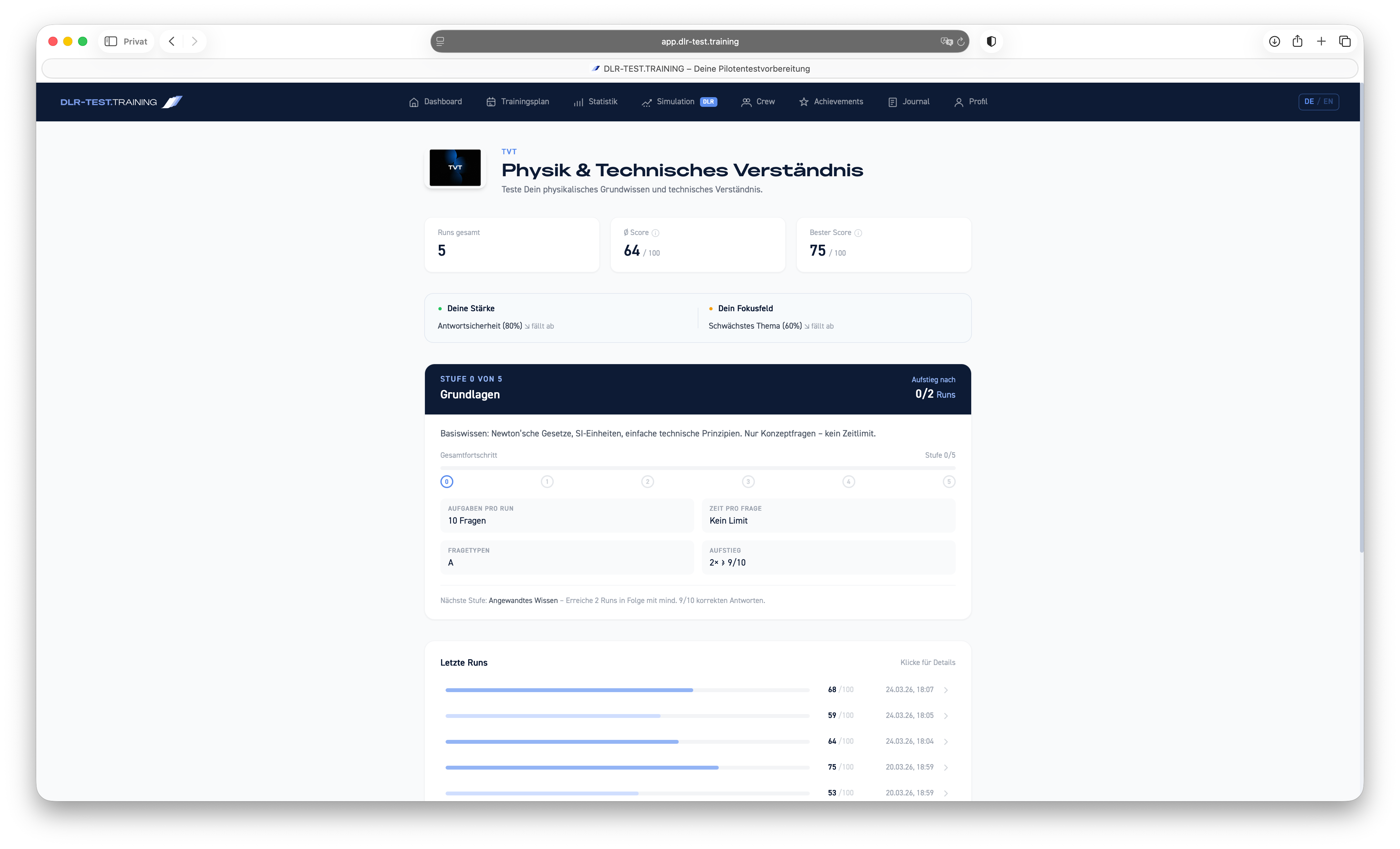 Physik und Technik (TVT) im DLR-Test — Screenshot der Trainingsaufgabe — Übersicht
