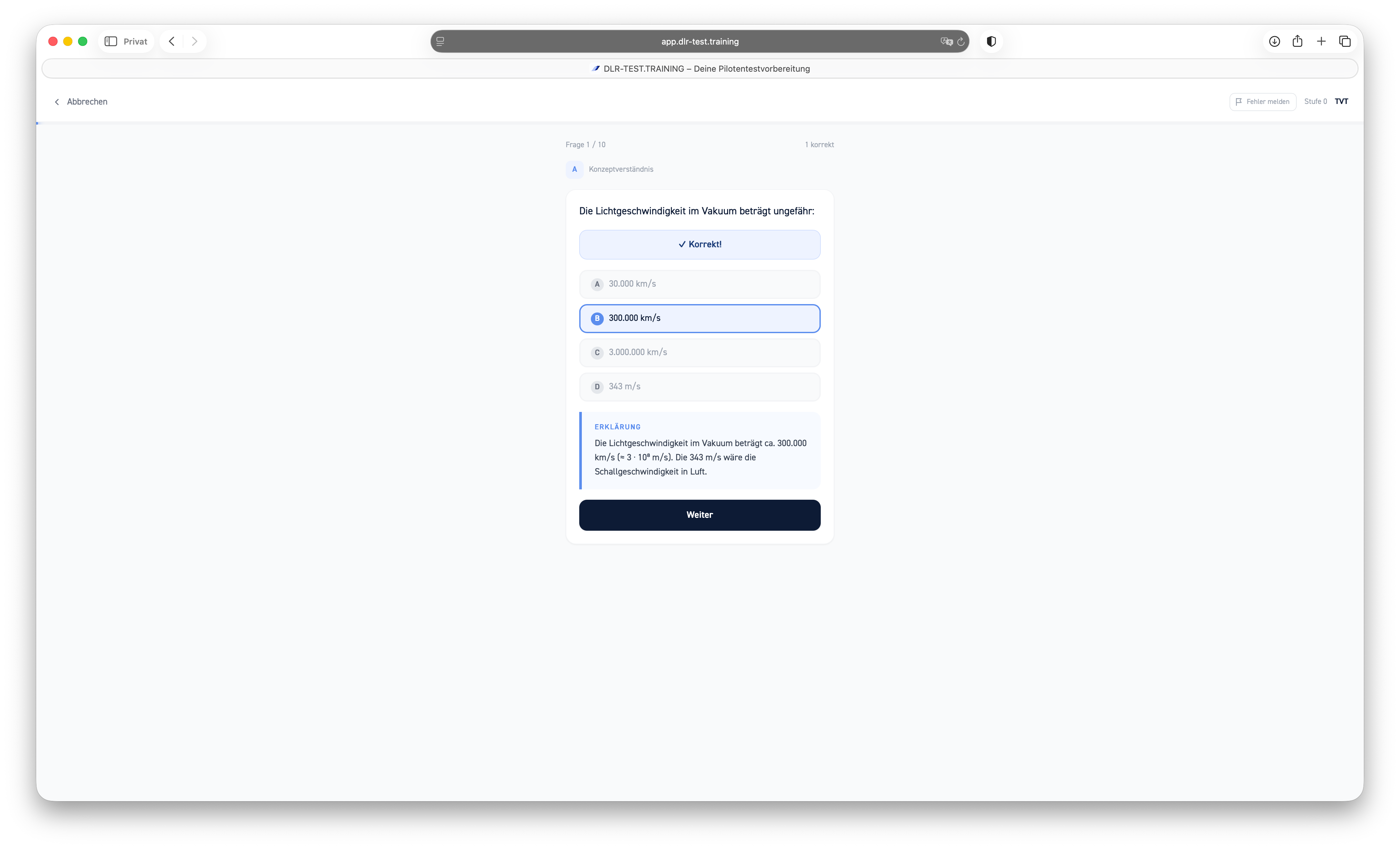 Physik und Technik (TVT) im DLR-Test — Screenshot der Trainingsaufgabe — Aufgabenansicht