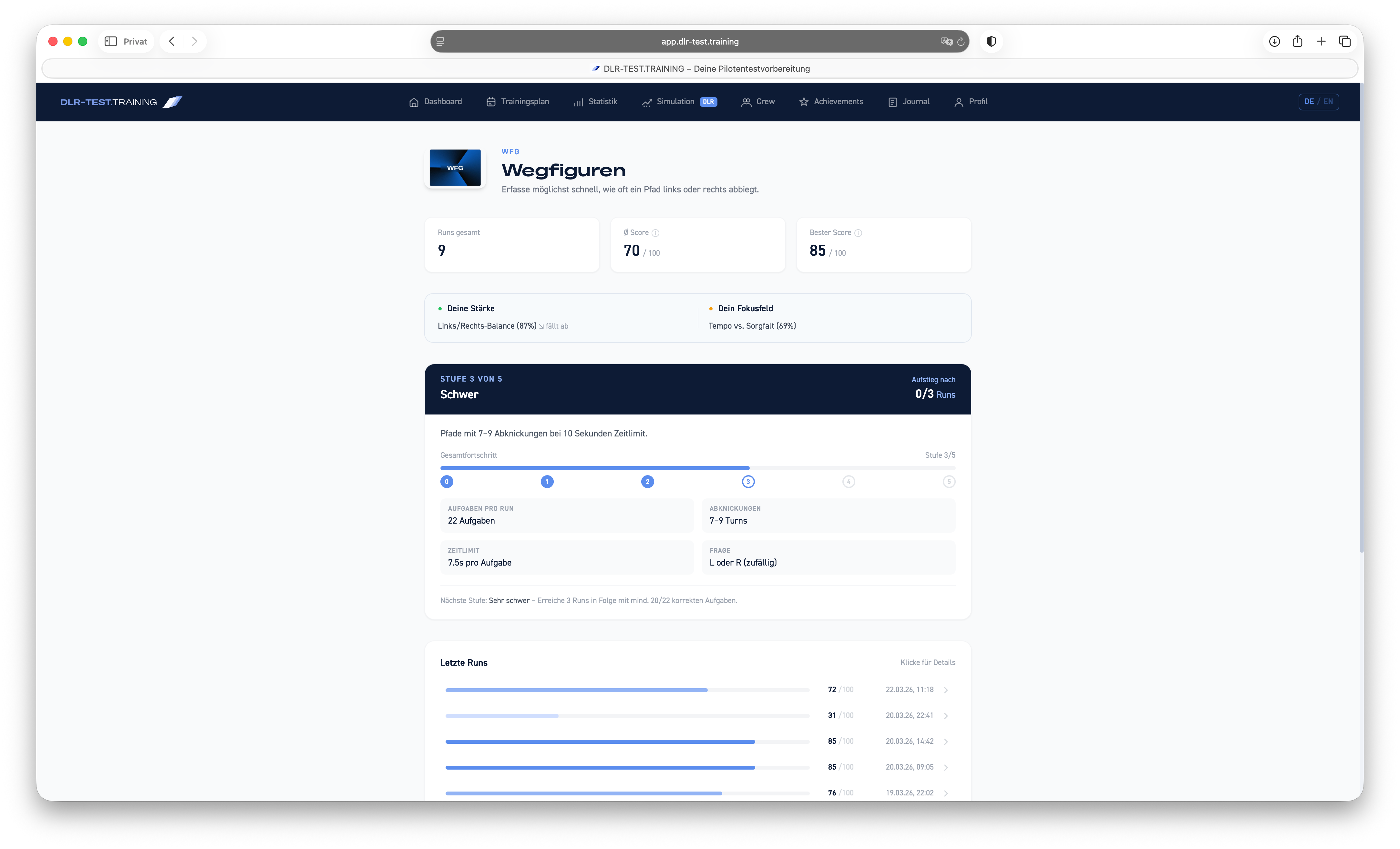 Wegfigurentest (WFG) im DLR-Test — Screenshot der Trainingsaufgabe — Übersicht